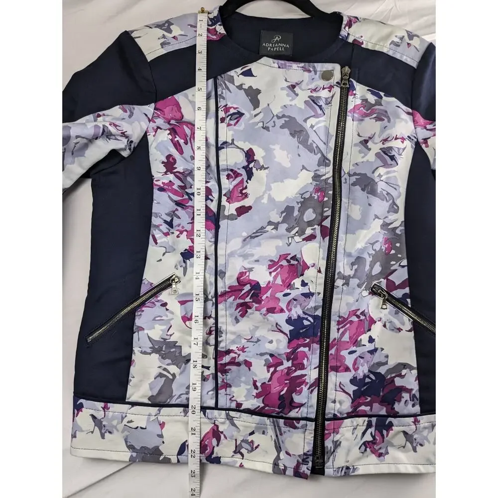 Adrianna Papell Moto Jacket Womens 8 Pink Blue Purple Camo Zip Up Long Sleeve‎